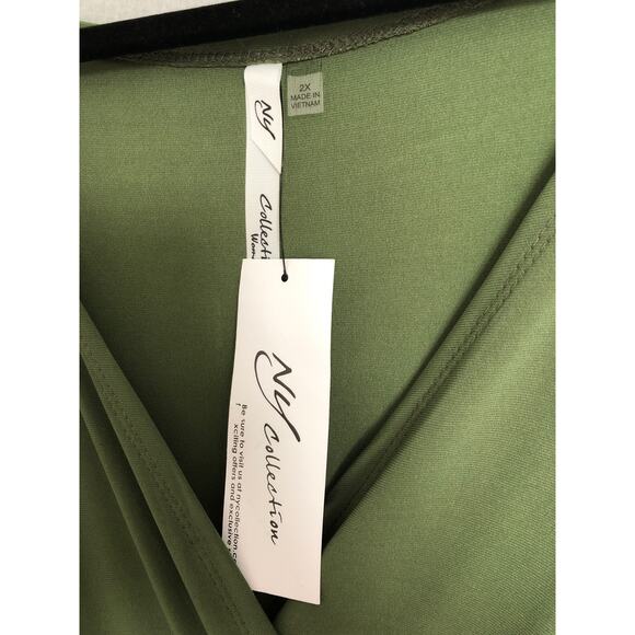 NY Collections Women's 2X V-Neck 3/4 Sleeve Be Slim Dress Olive NEW - Picture 2 of 8